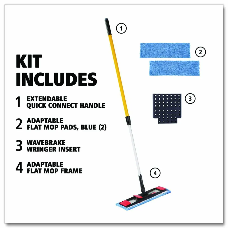 Rubbermaid Commercial Adaptable Flat Mop Kit, 19.5 x 5.5 Blue Microfiber Head, 48" to 72" Yellow Aluminum Handle