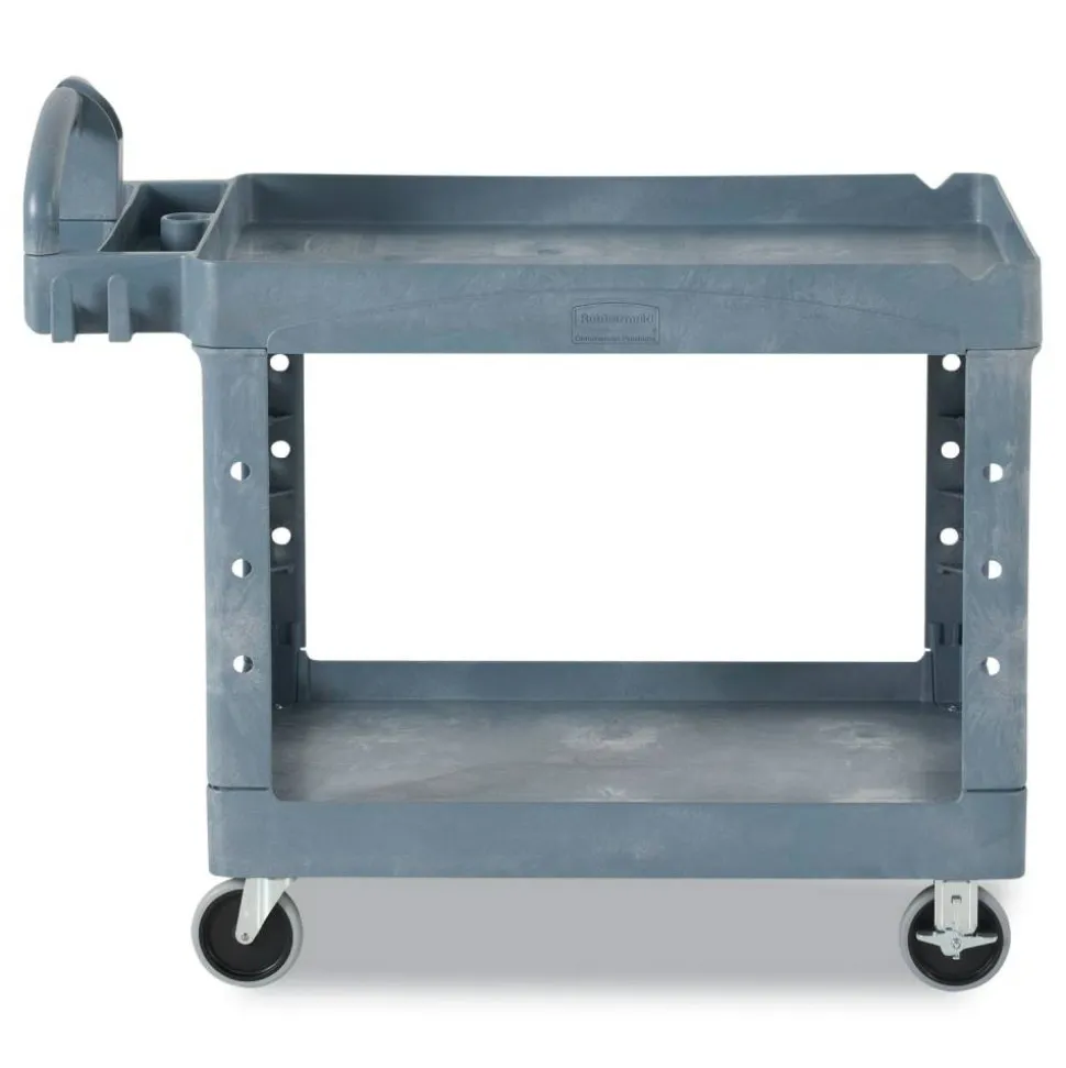 Rubbermaid Commercial BRUTE Heavy-Duty Ergo Handle Utility Cart, Plastic, Two Shelves, 500 lb Capacity, 25.5" x 44" x 39", Gray