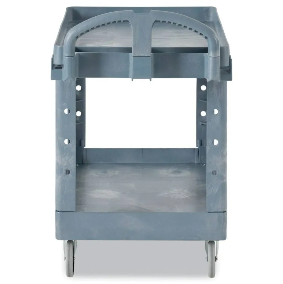 Rubbermaid Commercial BRUTE Heavy-Duty Ergo Handle Utility Cart, Plastic, Two Shelves, 500 lb Capacity, 25.5" x 44" x 39", Gray