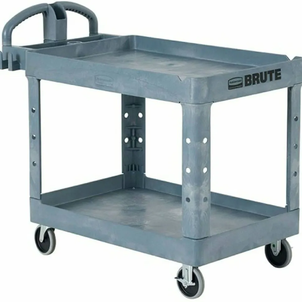 Rubbermaid Commercial BRUTE Heavy-Duty Ergo Handle Utility Cart, Plastic, Two Shelves, 500 lb Capacity, 25.5" x 44" x 39", Gray
