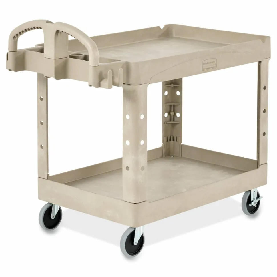 Rubbermaid Commercial BRUTE Heavy-Duty Utility Cart with Lipped Shelves, Plastic, 2 Shelves, 500 lb Capacity, 25.9" x 45.2" x 32.2", Beige
