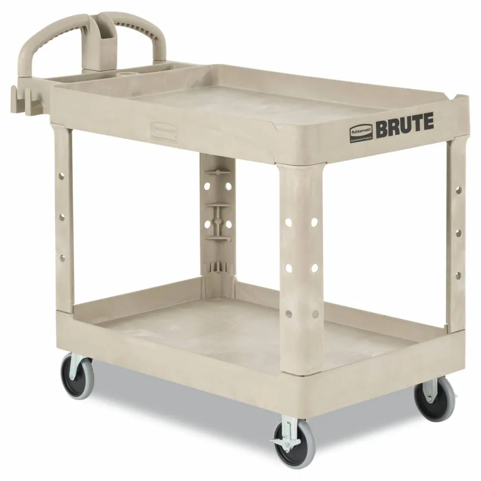 Rubbermaid Commercial BRUTE Heavy-Duty Utility Cart with Lipped Shelves, Plastic, 2 Shelves, 500 lb Capacity, 17.13" x 38.5" x 38.88", Beige