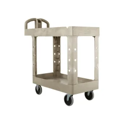 Rubbermaid Commercial BRUTE Heavy-Duty Utility Cart with Lipped Shelves, Plastic, 2 Shelves, 500 lb Capacity, 17.13" x 38.5" x 38.88", Beige