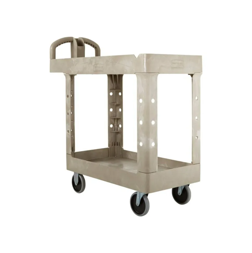 Rubbermaid Commercial BRUTE Heavy-Duty Utility Cart with Lipped Shelves, Plastic, 2 Shelves, 500 lb Capacity, 17.13" x 38.5" x 38.88", Beige