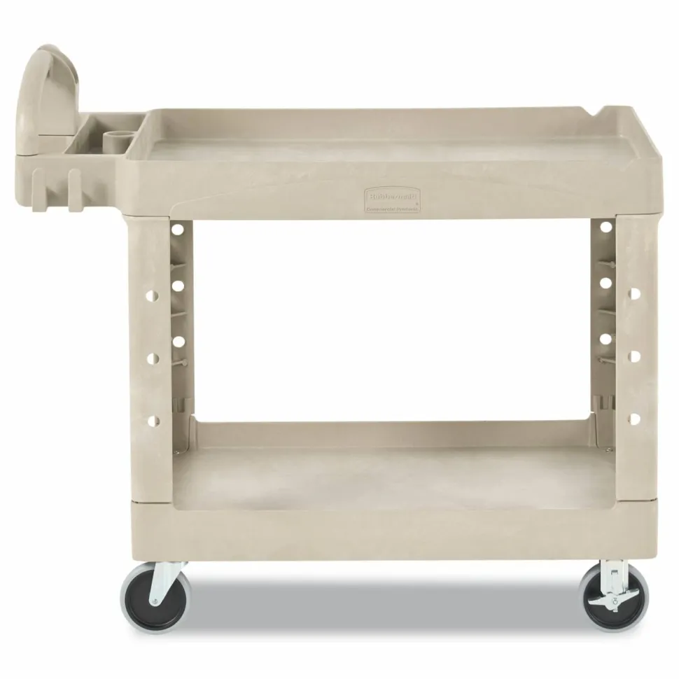 Rubbermaid Commercial BRUTE Heavy-Duty Utility Cart with Lipped Shelves, Plastic, 2 Shelves, 500 lb Capacity, 17.13" x 38.5" x 38.88", Beige