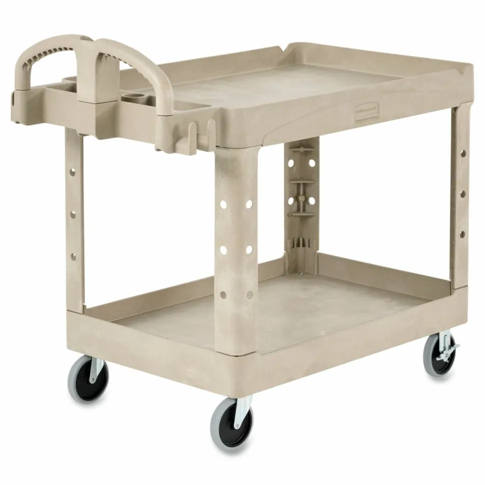 Rubbermaid Commercial BRUTE Heavy-Duty Utility Cart with Lipped Shelves, Plastic, 2 Shelves, 500 lb Capacity, 17.13" x 38.5" x 38.88", Beige