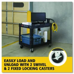 Rubbermaid Commercial BRUTE Heavy-Duty Utility Cart with Lipped Shelves, Plastic, 2 Shelves, 500 lb Capacity, 25.9