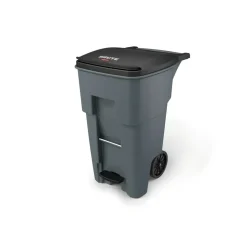 Rubbermaid Commercial BRUTE Rectangular Polyethylene Rollout Bin, Step-On, 65 Gallons, Gray