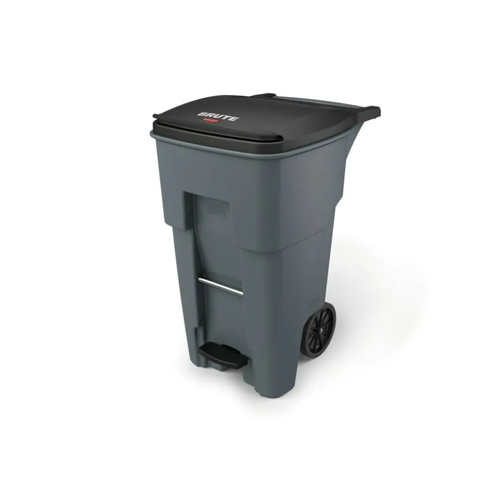 Rubbermaid Commercial BRUTE Rectangular Polyethylene Rollout Bin, Step-On, 65 Gallons, Gray