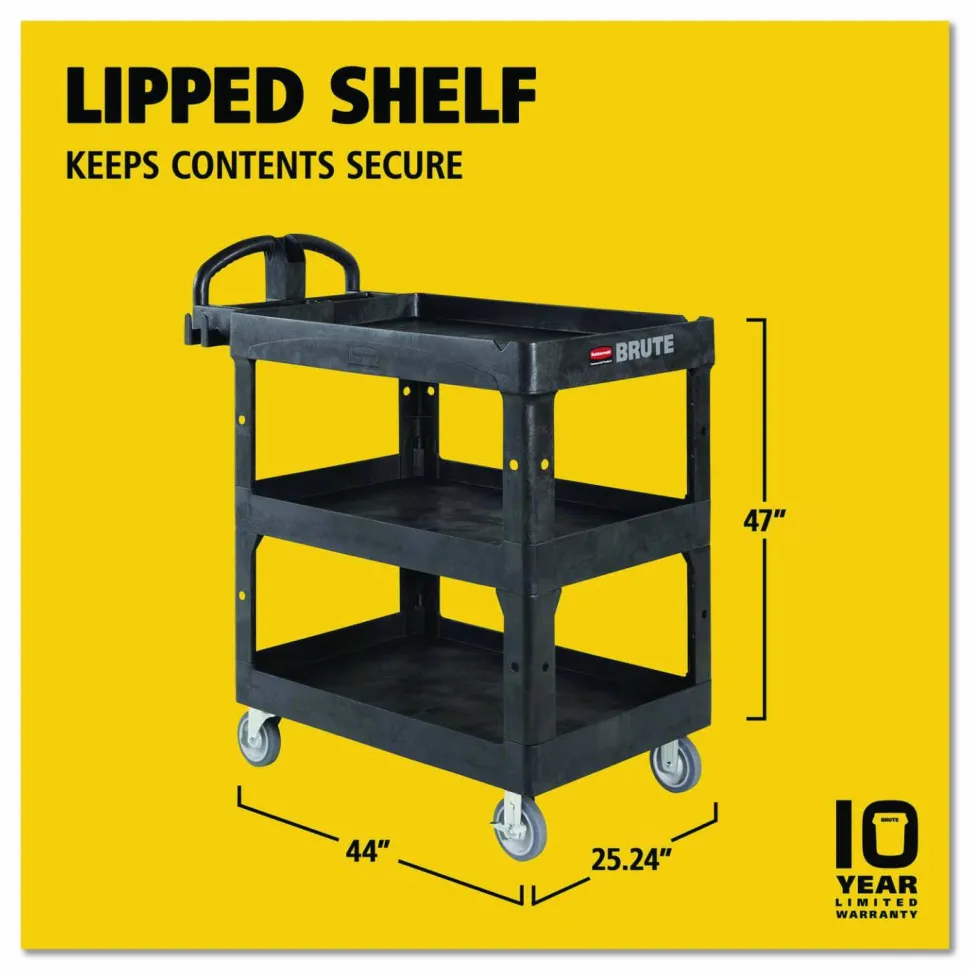 Rubbermaid Commercial BRUTE 3-Shelf Heavy-Duty Ergo Lipped Utility Cart, Resin, 3 Shelves, 600 lb Capacity, 25.24" x 44" x 47", Black