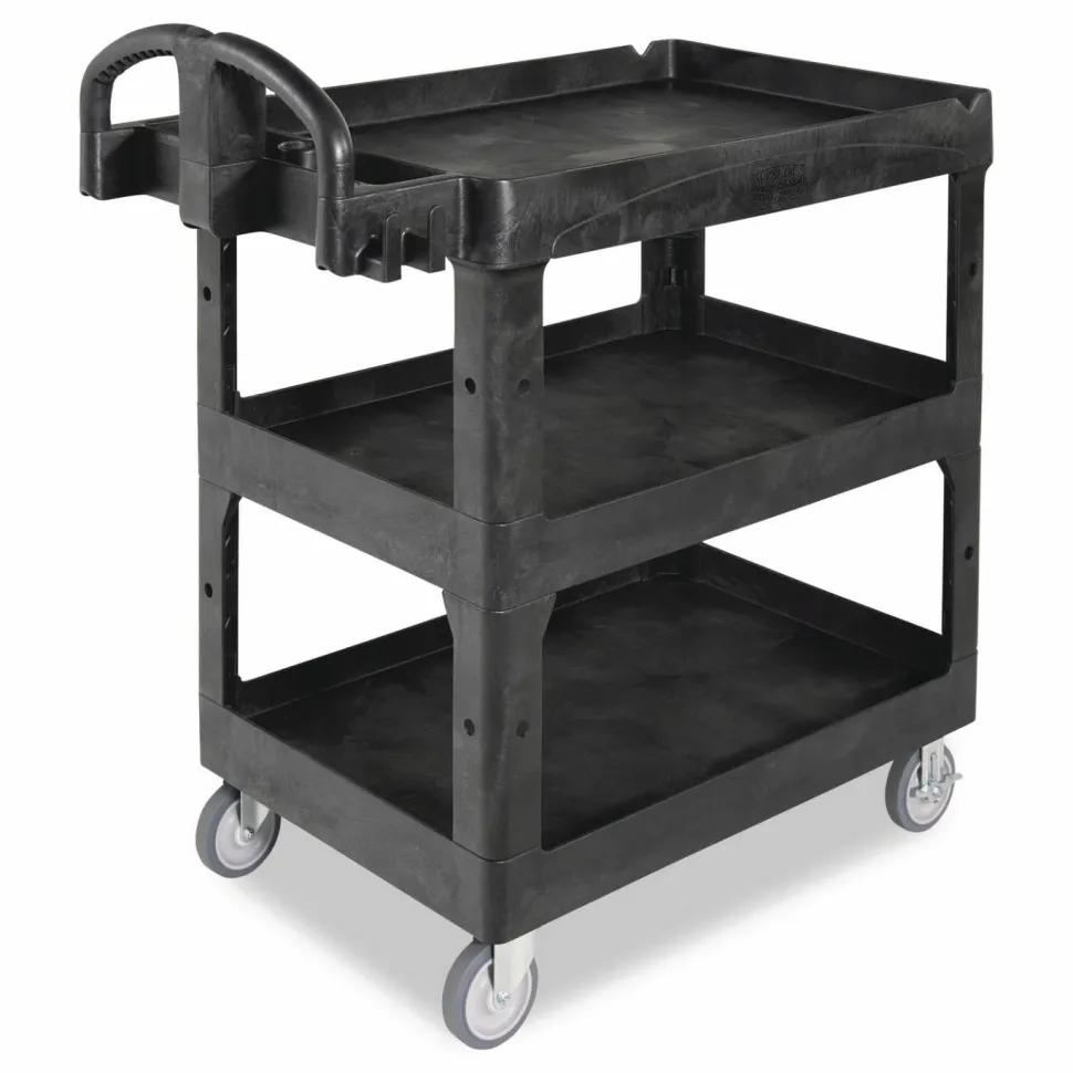 Rubbermaid Commercial BRUTE 3-Shelf Heavy-Duty Ergo Lipped Utility Cart, Resin, 3 Shelves, 600 lb Capacity, 25.24" x 44" x 47", Black