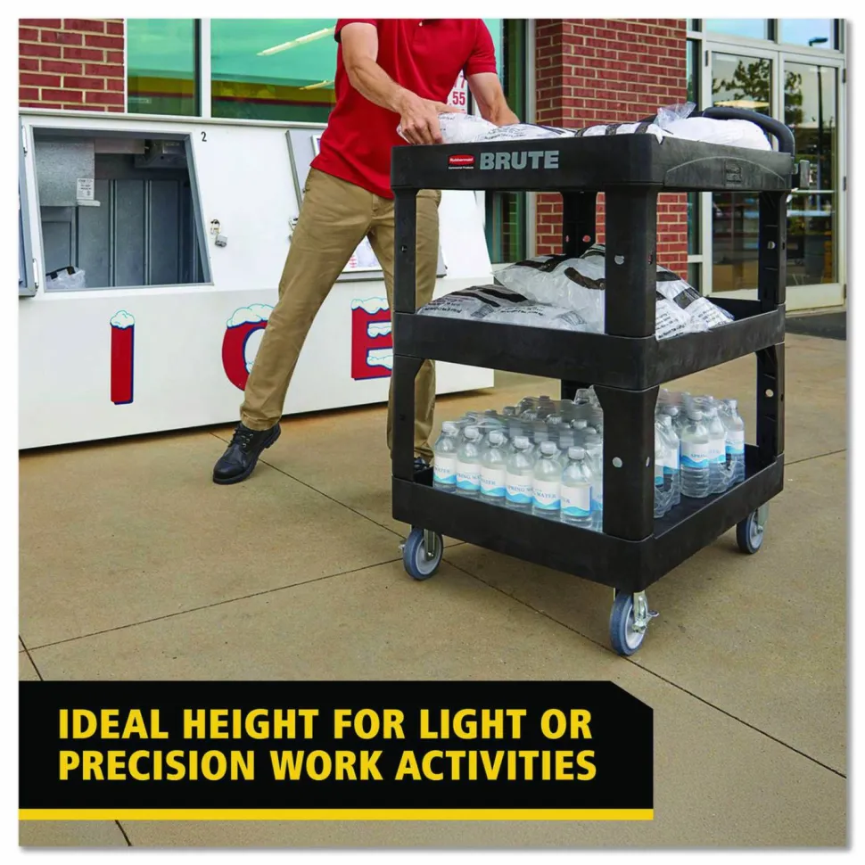 Rubbermaid Commercial BRUTE 3-Shelf Heavy-Duty Ergo Lipped Utility Cart, Resin, 3 Shelves, 600 lb Capacity, 25.24" x 44" x 47", Black