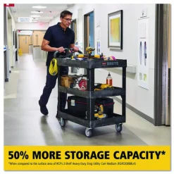 Rubbermaid Commercial BRUTE 3-Shelf Heavy-Duty Ergo Lipped Utility Cart, Resin, 3 Shelves, 600 lb Capacity, 25.24