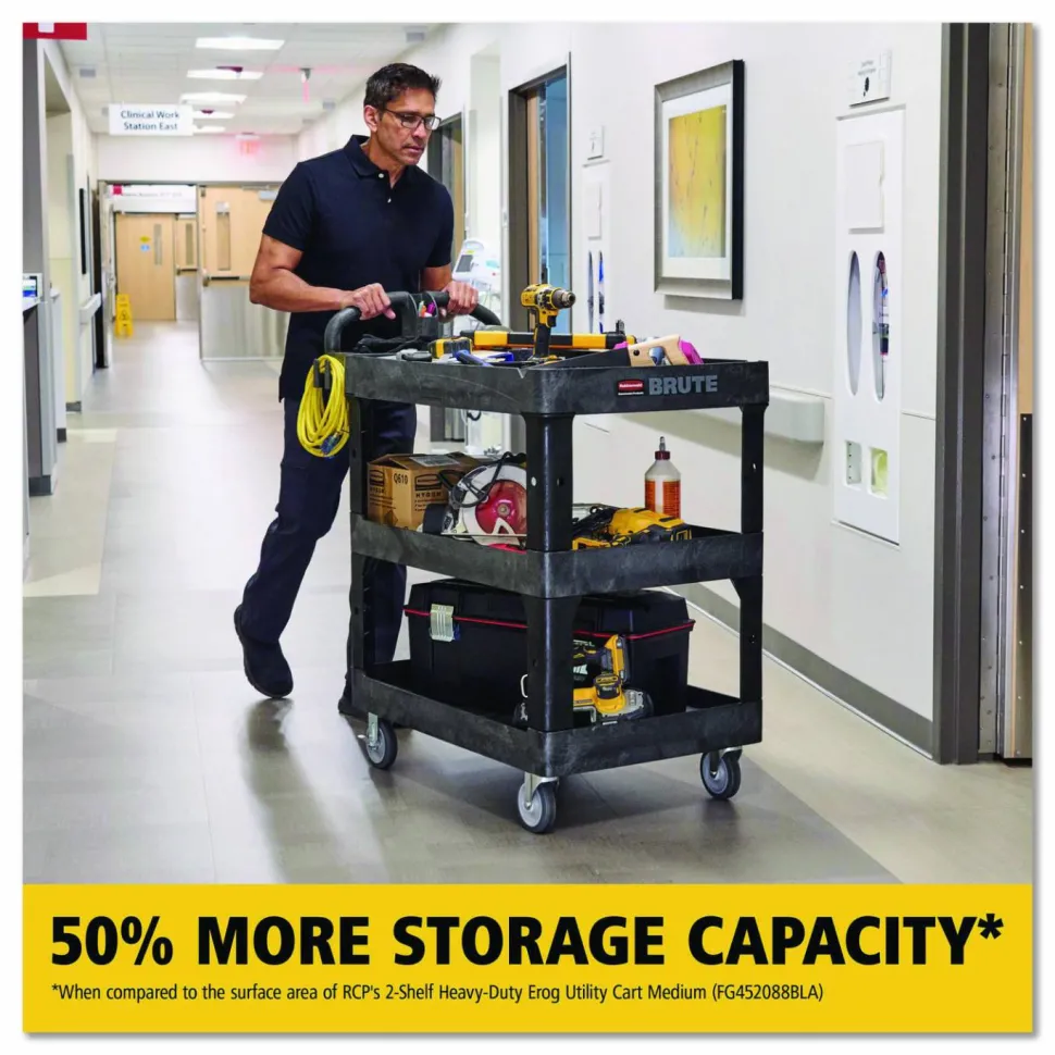 Rubbermaid Commercial BRUTE 3-Shelf Heavy-Duty Ergo Lipped Utility Cart, Resin, 3 Shelves, 600 lb Capacity, 25.24" x 44" x 47", Black