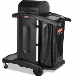Rubbermaid Commercial Executive High Security Janitorial Cleaning Cart, Plastic, 4 Shelves, 1 Bin, 23.1" x 39.6" x 27.5", Black