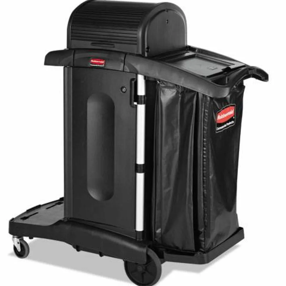 Rubbermaid Commercial Executive High Security Janitorial Cleaning Cart, Plastic, 4 Shelves, 1 Bin, 23.1" x 39.6" x 27.5", Black