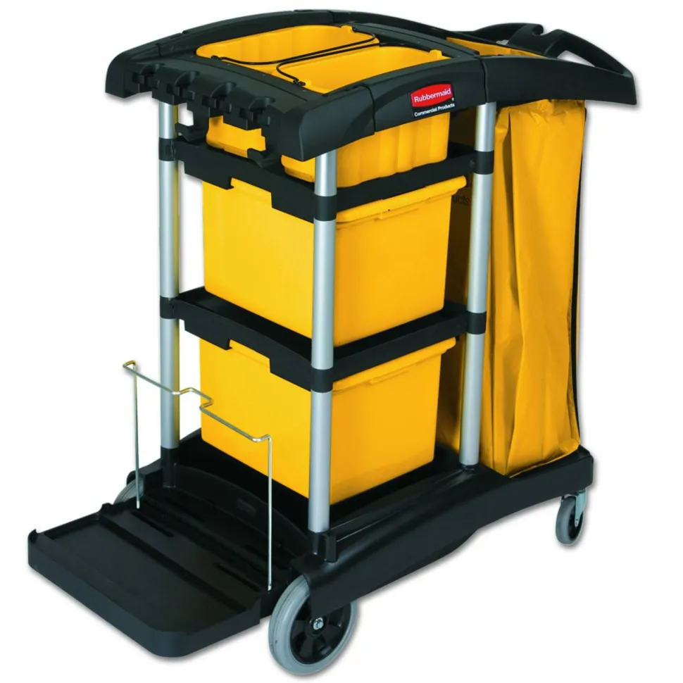 Rubbermaid Commercial HYGEN HYGEN Microfiber Healthcare Cleaning Cart, Plastic, 3 Shelves, 5 Bins, 22" x 48.25" x 44", Yellow/Black/Silver