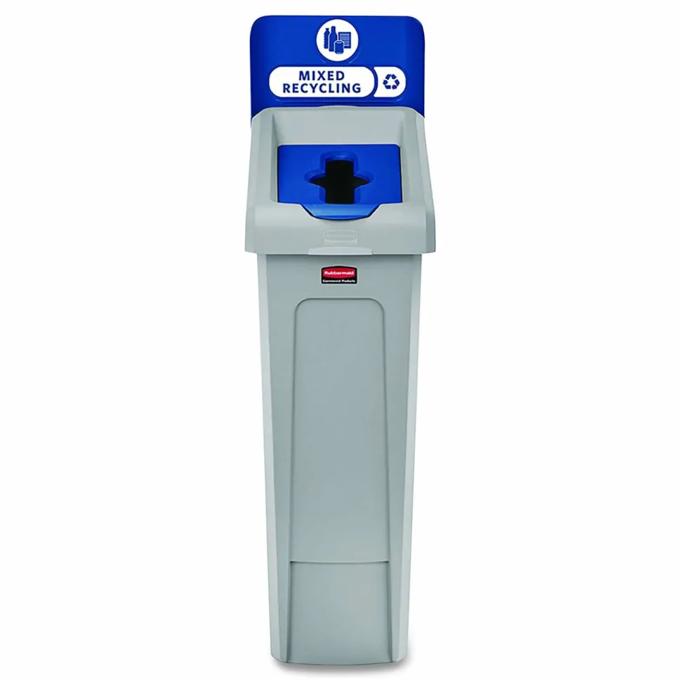 Rubbermaid Commercial Slim Jim Recycling Station Kit, 1-Stream Mixed Recycling, 23 gal, Plastic, Gray/Blue