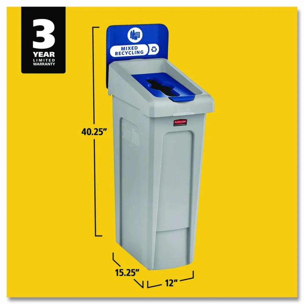 Rubbermaid Commercial Slim Jim Recycling Station Kit, 1-Stream Mixed Recycling, 23 gal, Plastic, Gray/Blue