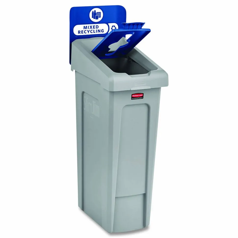Rubbermaid Commercial Slim Jim Recycling Station Kit, 1-Stream Mixed Recycling, 23 gal, Plastic, Gray/Blue