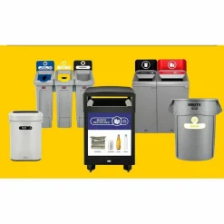 Rubbermaid Commercial Slim Jim Recycling Station Kit, 1-Stream Bottles and Cans, 23 gal, Plastic, Yellow/Gray