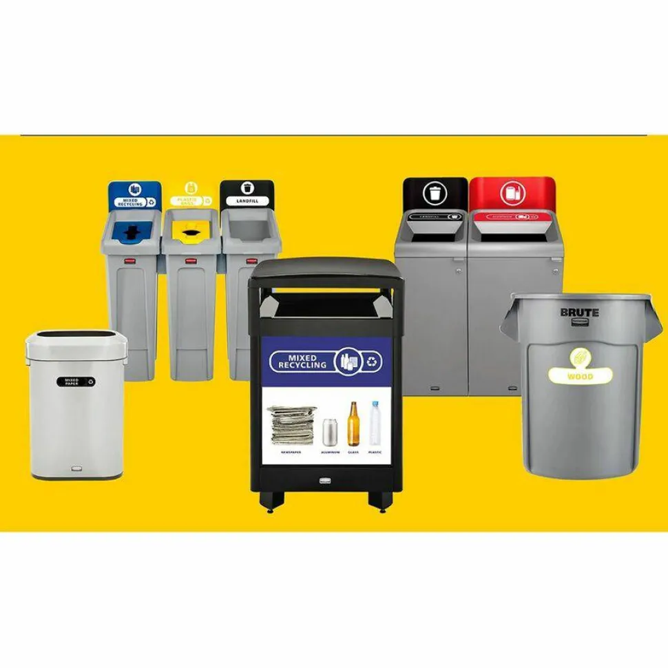Rubbermaid Commercial Slim Jim Recycling Station Kit, 1-Stream Bottles and Cans, 23 gal, Plastic, Yellow/Gray