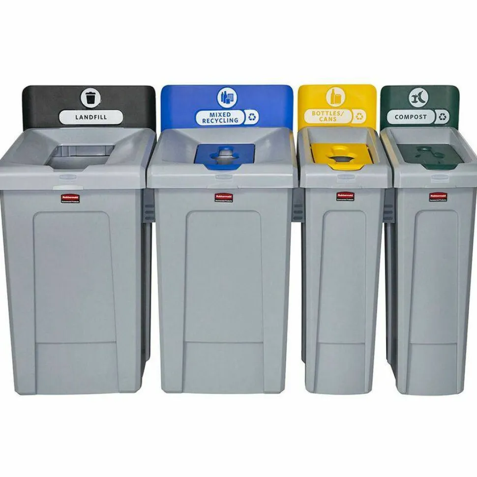 Rubbermaid Commercial Slim Jim Recycling Station Kit, 1-Stream Bottles and Cans, 23 gal, Plastic, Yellow/Gray