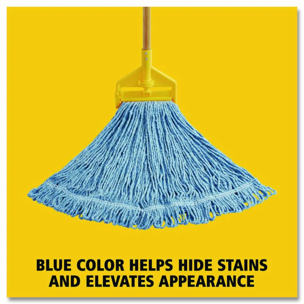 Rubbermaid Commercial Super Stitch Blend Mop Head, Cotton/Synthetic, Large, 1" Red Headband, Blue, 6/Carton