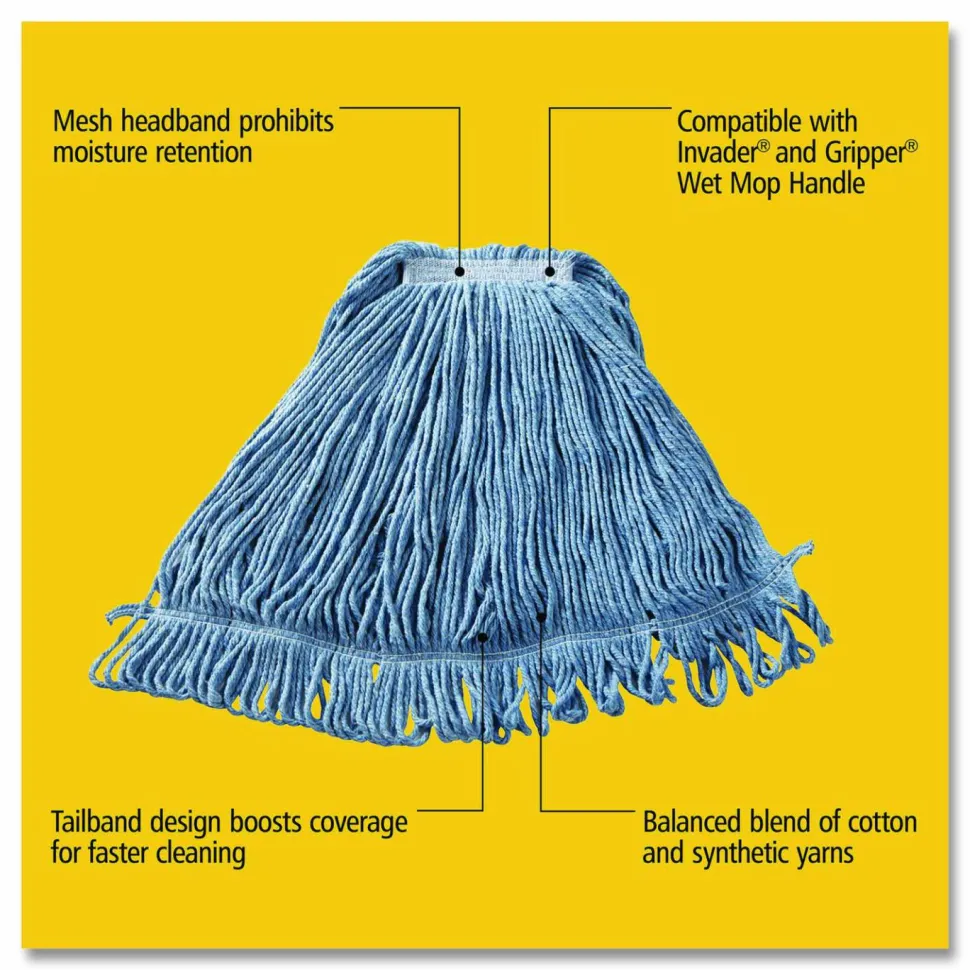 Rubbermaid Commercial Super Stitch Blend Mop Head, Cotton/Synthetic, Large, 1" Red Headband, Blue, 6/Carton