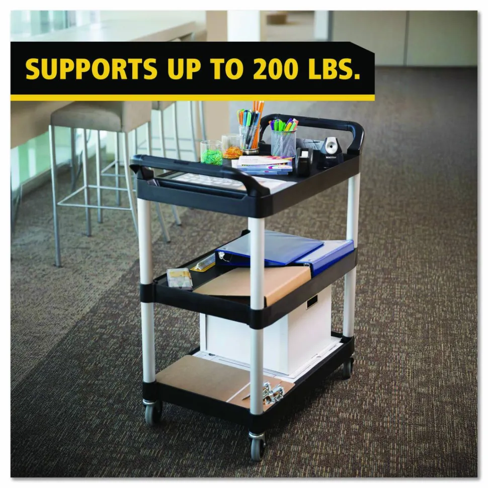 Rubbermaid Commercial Three-Shelf Service Cart, Plastic, 3 Shelves, 200 lb Capacity, 18.63" x 33.63" x 37.75", Black