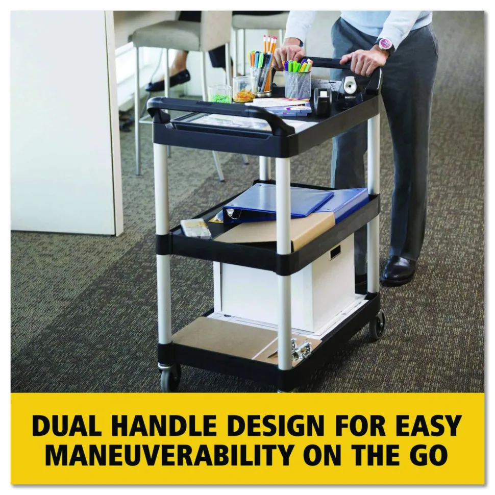Rubbermaid Commercial Three-Shelf Service Cart, Plastic, 3 Shelves, 200 lb Capacity, 18.63" x 33.63" x 37.75", Black