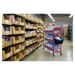 Rubbermaid Commercial Tote Picking Cart, Metal, 3 Shelves, 450 lb Capacity, 57" x 18.5" x 55", Red
