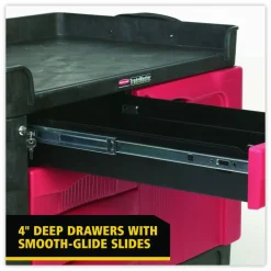 Rubbermaid Commercial TradeMaster Cart with One Door, Plastic, 3 Shelves, 4 Drawers, 750 lb Capacity, 26.25" x 49" x 38", Black