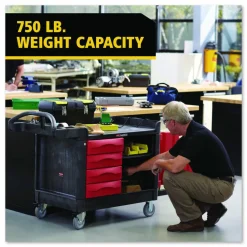 Rubbermaid Commercial TradeMaster Cart with One Door, Plastic, 3 Shelves, 4 Drawers, 750 lb Capacity, 26.25" x 49" x 38", Black