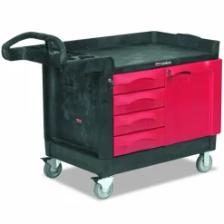 Rubbermaid Commercial TradeMaster Cart with One Door, Plastic, 3 Shelves, 4 Drawers, 750 lb Capacity, 26.25