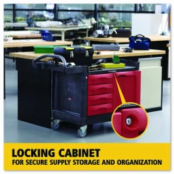 Rubbermaid Commercial TradeMaster Cart with One Door, Plastic, 3 Shelves, 4 Drawers, 750 lb Capacity, 26.25