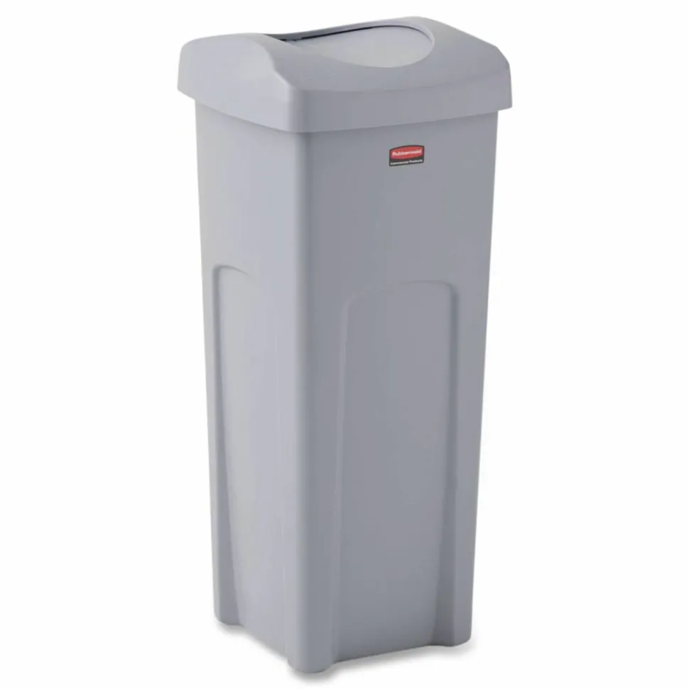 Rubbermaid Commercial Universal Square Trash Can with Swing Lid, 23 gal, Plastic, Gray