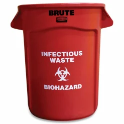 Rubbermaid Commercial Vented Round Brute Container, "Infectious Waste: Biohazard" Imprint, 32 gal, Plastic, Red