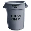 Rubbermaid Commercial Vented Round Brute Container, "Trash Only" Imprint, 32 gal, Plastic, Gray