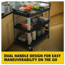 Rubbermaid Commercial Xtra Utility Cart with Open Sides, Plastic, 3 Shelves, 300 lb Capacity, 40.63" x 20" x 37.81", Black