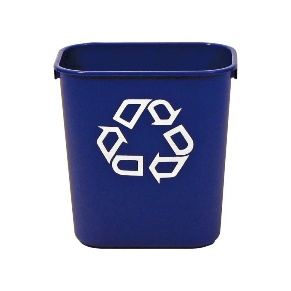 Rubbermaid Deskside "We Recycle" Container, 3 1/4 Gallons (12.3L), 12 1/8"H x 11 3/8"W x 8 1/4"D, Blue