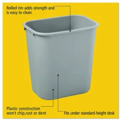 Rubbermaid Durable Rectangular Plastic Wastebasket, 7 Gallons, 15"H x 14-1/4"W x 10-1/4"D, Gray