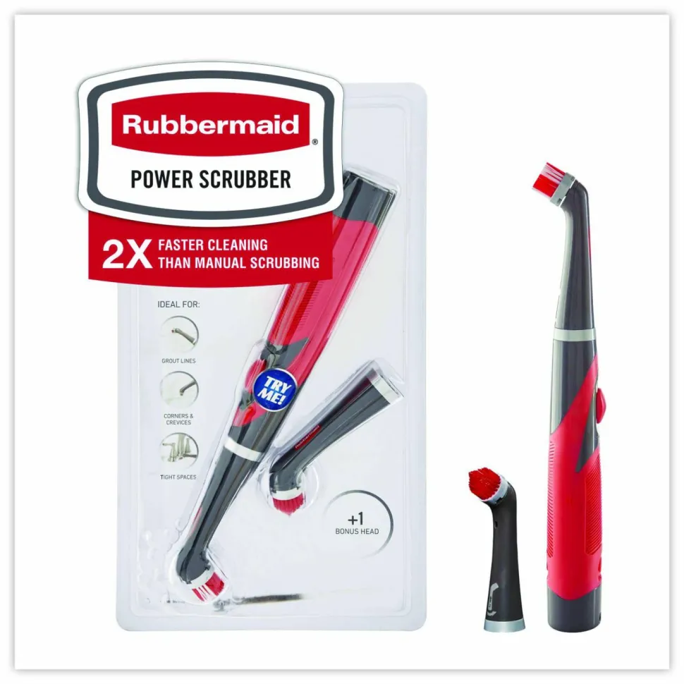 Rubbermaid Reveal Power Scrubber, Red/White Nylon Bristles, 1.73" Brush, Red Plastic Handle