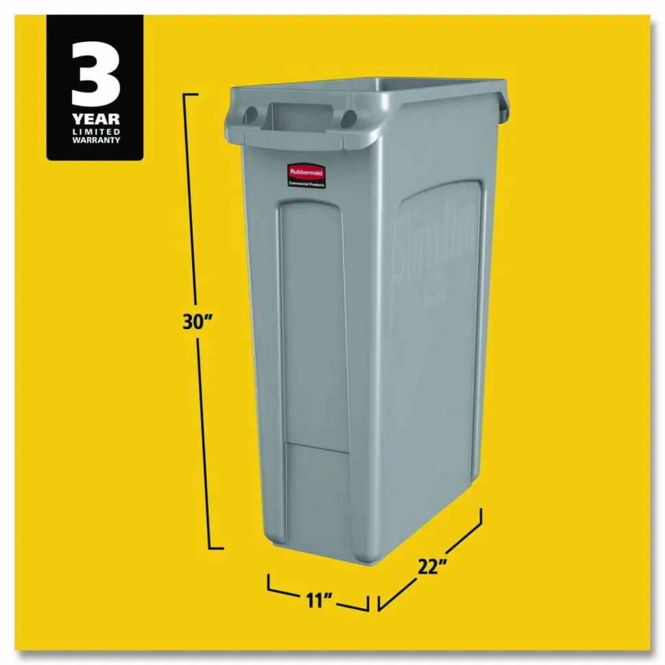 Rubbermaid Slim Jim Rectangular Plastic Waste Containers With Vent Channels, 23 Gallons, 30"H x 11"W x 22"D, Gray