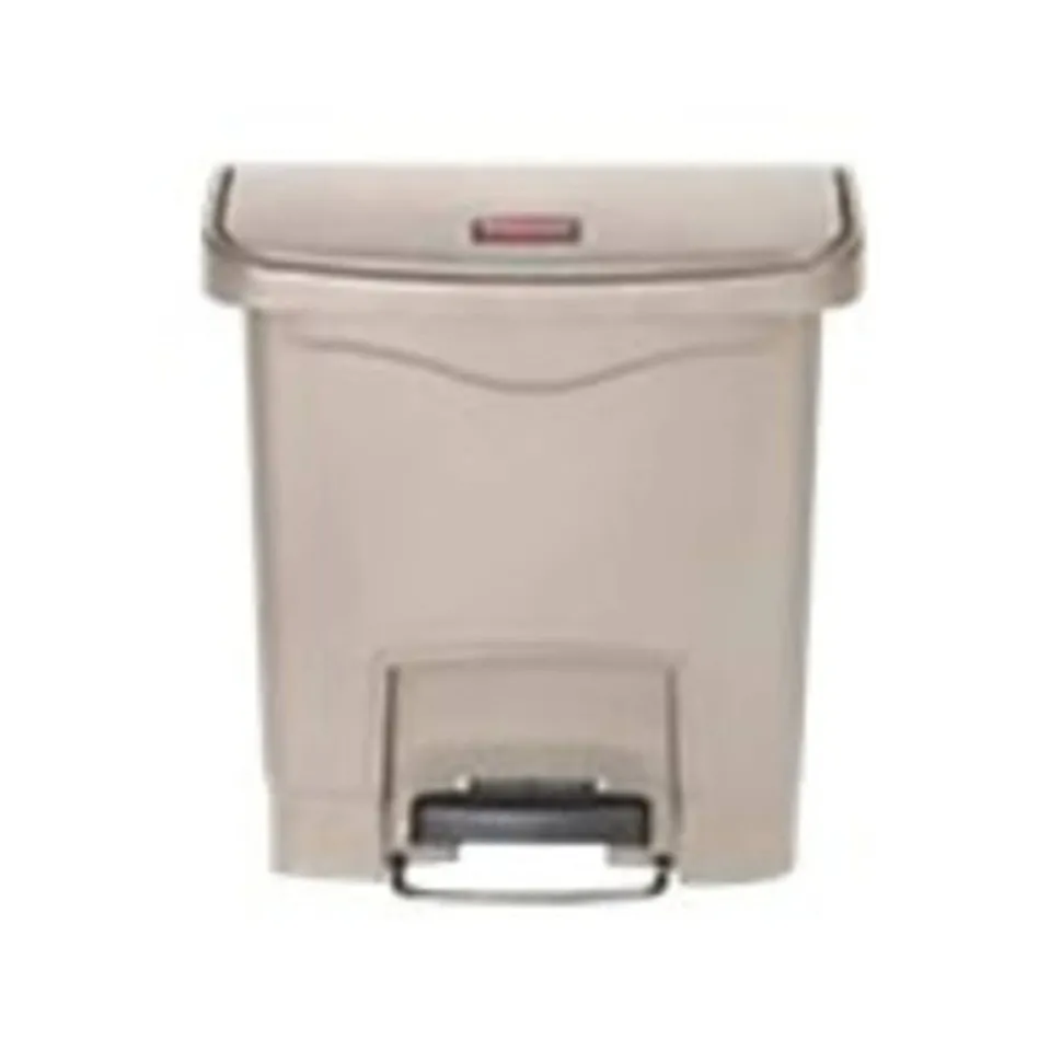 Rubbermaid Slim Jim Rectangular Plastic Wastebasket, Step-On, 8 Gallons, Beige