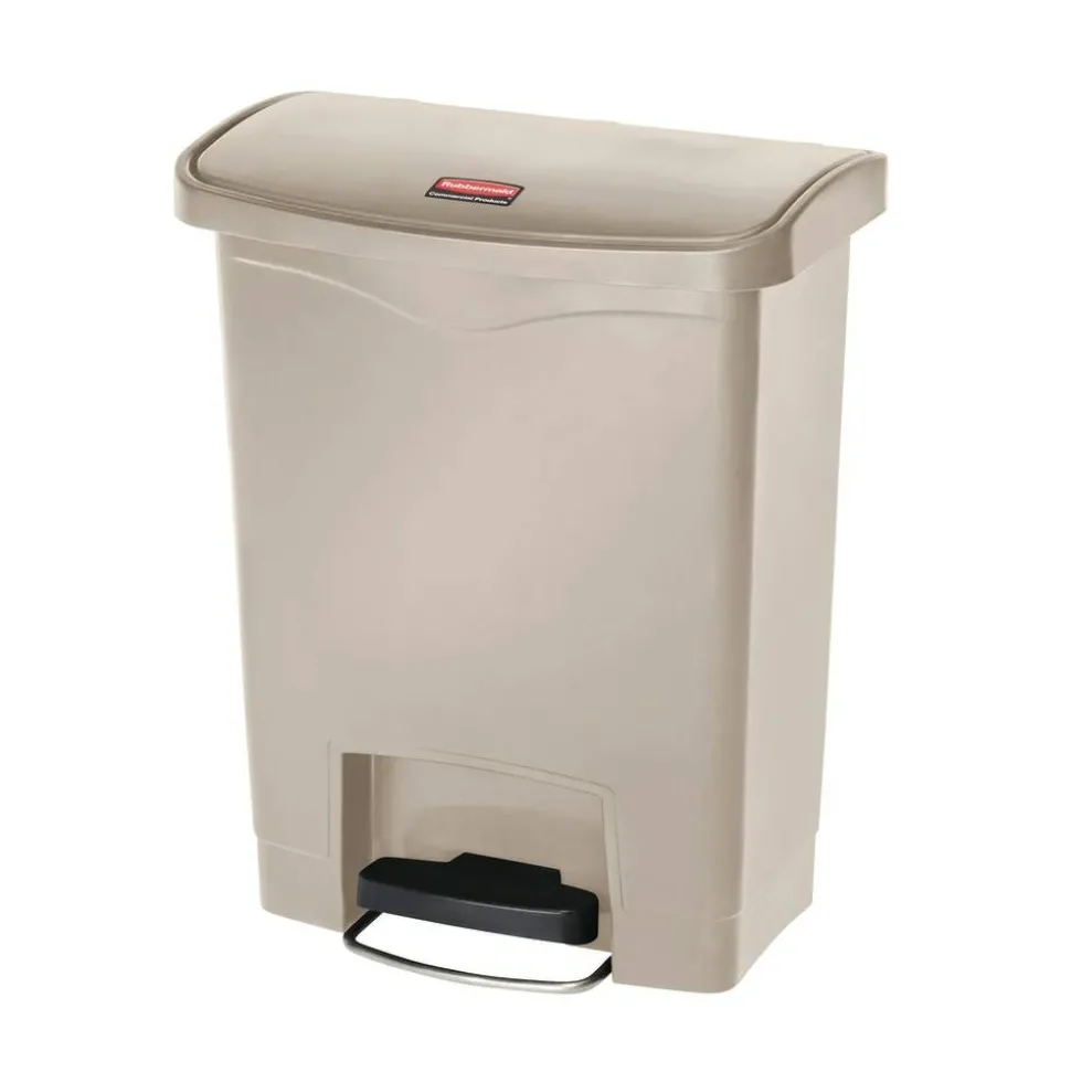 Rubbermaid Slim Jim Rectangular Plastic Wastebasket, Step-On, 8 Gallons, Beige