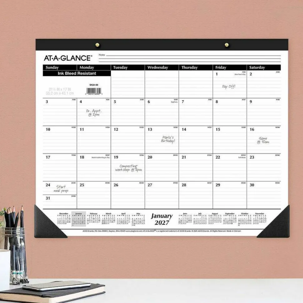 Ruled Desk Pad, 22 x 17, White Sheets, Black Binding, Black Corners, 12-Month (Jan to Dec): 2027, 2027 Calendar