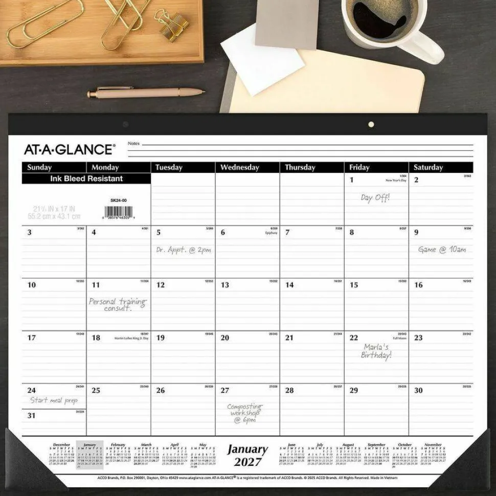 Ruled Desk Pad, 22 x 17, White Sheets, Black Binding, Black Corners, 12-Month (Jan to Dec): 2027, 2027 Calendar