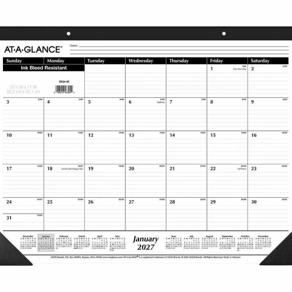 Ruled Desk Pad, 22 x 17, White Sheets, Black Binding, Black Corners, 12-Month (Jan to Dec): 2027, 2027 Calendar