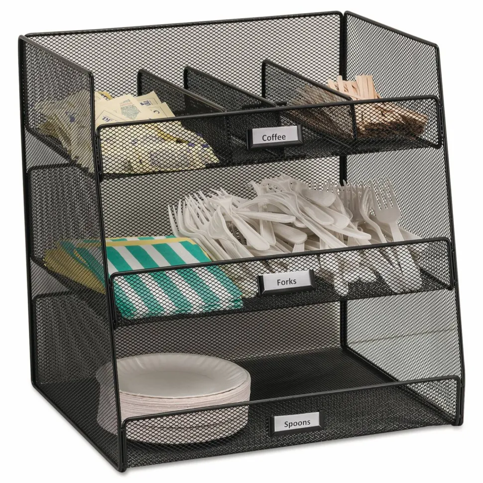 Safco Onyx Breakroom Organizers, 3 Compartments,14.63 x 11.75 x 15, Steel Mesh, Black